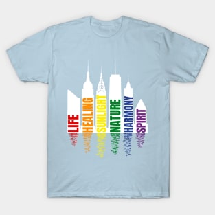 Pride colors and meaning in city silhouette, for dark background T-Shirt